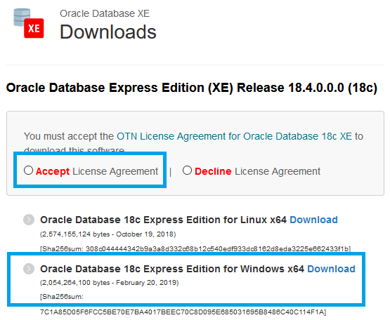 Lincense agreement for Oracle Express Edition download