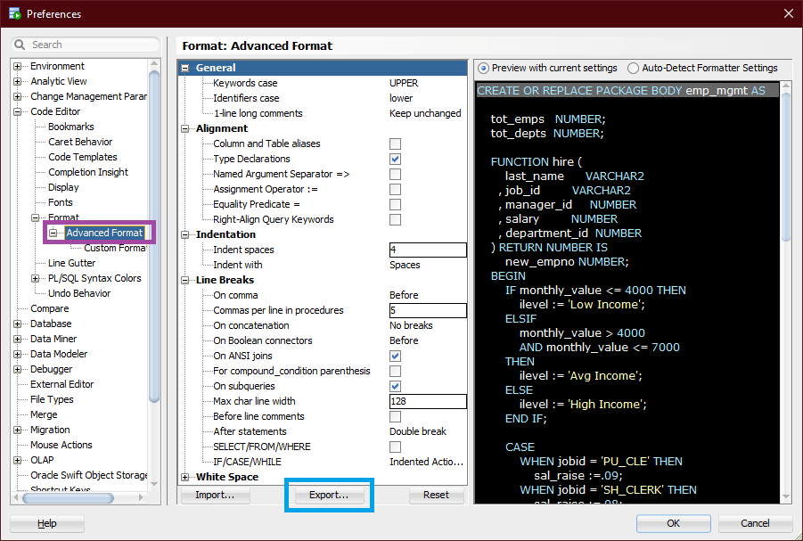 SQL Developer formatting preferences